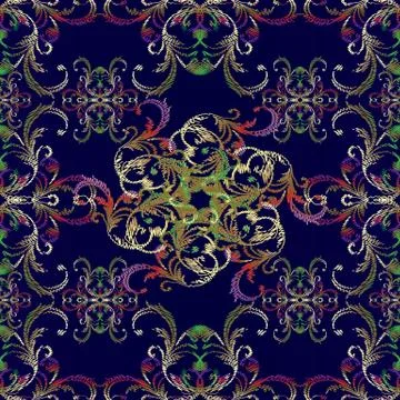 Floral vector embroidery seamless pattern in Baroque style. Blue ornate backg 스톡 일러스트