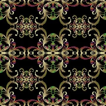 Floral vector embroidery seamless pattern in Baroque style. Blac Stock Illustration