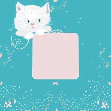 Floral vector frame with cat, flowers and butterflies Stock Illustration