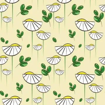 Floral vector pattern with chamomiles and green leaves Stock Illustration