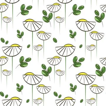 Floral vector pattern with chamomiles and green leaves Stock Illustration