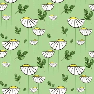 Floral vector pattern with chamomiles and green leaves Stock Illustration
