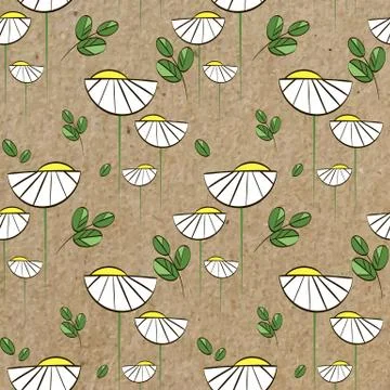 Floral vector pattern with white daisies and green leaves Stock Illustration