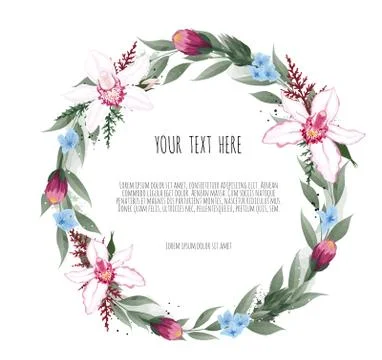 Floral vector round frame with orchid and garden flowers Stock Illustration