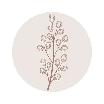 Floral vector round icon with abstract hand drawn branch isolated on white ba Stock Illustration