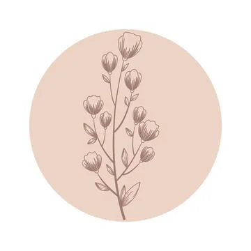 Floral vector round icon with abstract hand drawn branch and flowers isolated Stock Illustration