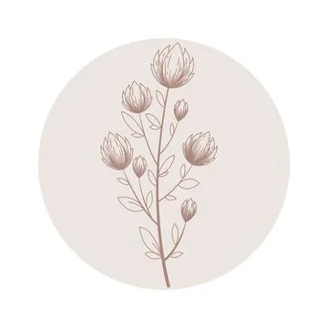 Floral vector round icon with hand drawn abstract branch and flowers isolated Stock Illustration