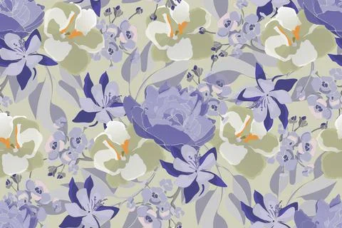 Floral vector seamless pattern. Blue, olive color peony, viola, columbine. Stock Illustration