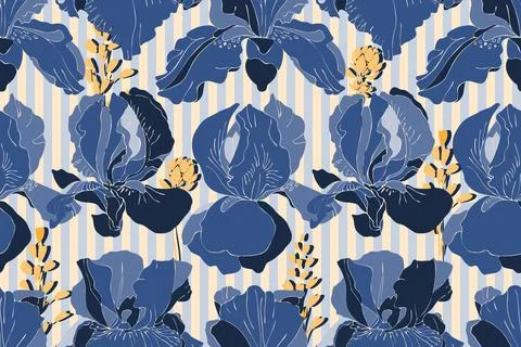Floral vector seamless pattern. Blue iris flowers. Stock Illustration