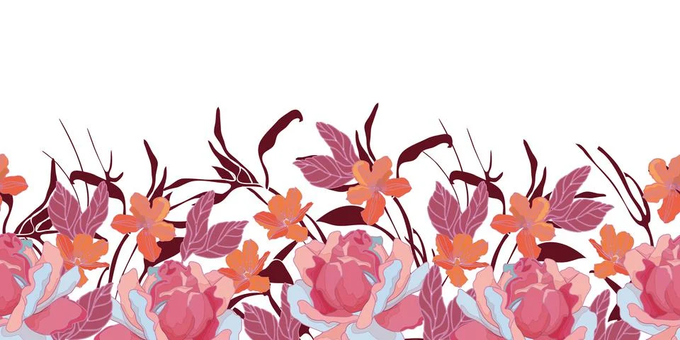Floral vector seamless pattern, border. Pink, blue, orange color flowers Stock Illustration