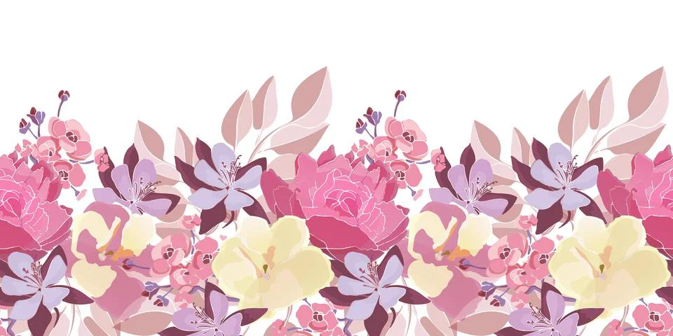 Floral vector seamless pattern, border. Pink peony, yellow viola, purple Stock Illustration