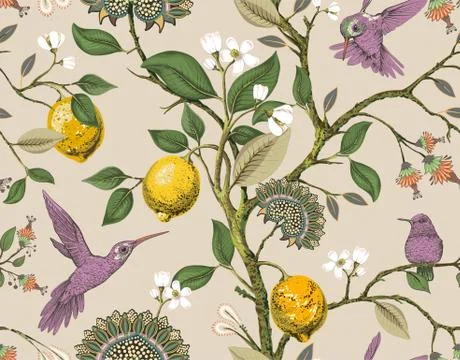 Floral vector seamless pattern. Botanical wallpaper. Plants, birds, flowers Stock Illustration
