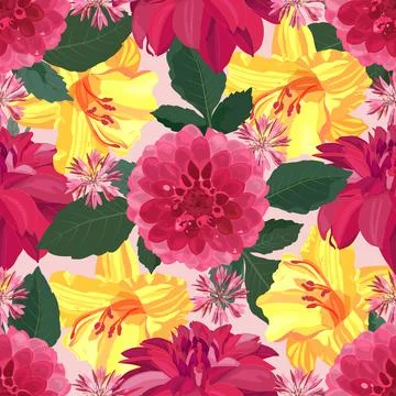 Floral vector seamless pattern, dahlias and lilies. Stock Illustration