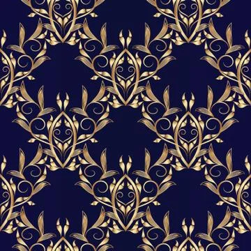 Floral vector seamless pattern. Damask dark blue background Stock Illustration