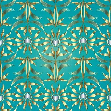 Floral vector seamless pattern. Damask turquoise background Stock Illustration