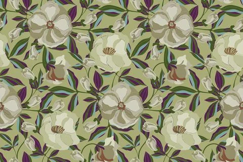 Floral vector seamless pattern. Green, beige, purple, blue, olive color flowers Stock Illustration