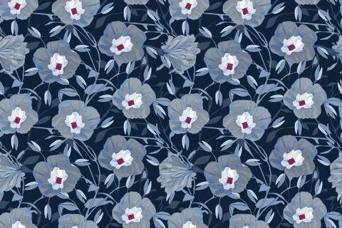Floral vector seamless pattern. Grey, blue morning glory flowers. Stock Illustration