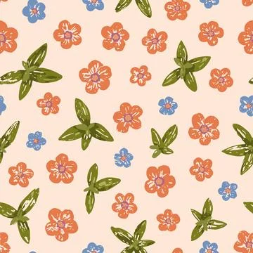 Floral vector seamless pattern. Little peach colored flowers and leaves on Stock Illustration