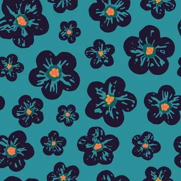 Floral vector seamless pattern. Little dark flowers on blue background. Trendy Stock Illustration