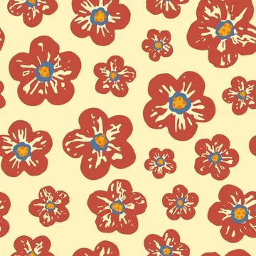 Floral vector seamless pattern. Little red flowers on yellow background. Trendy Stock Illustration