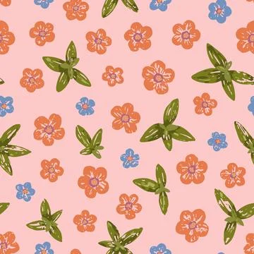 Floral vector seamless pattern. Little peach colored flowers and leaves on Stock Illustration