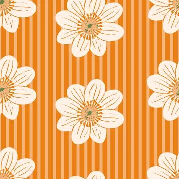 Floral vector seamless pattern. Modern white flowers on bright orange background Stock Illustration