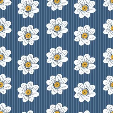 Floral vector seamless pattern. Modern white flowers on blue striped background Stock Illustration