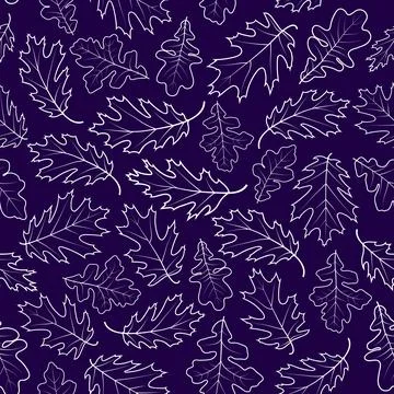 Floral vector seamless pattern with oak leaf white outlines on blue background. 스톡 일러스트