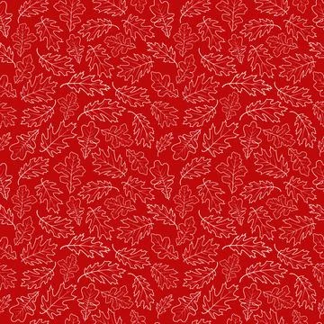 Floral vector seamless pattern with oak leaf white outlines on red background. Stock Illustration