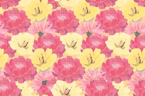 Floral vector seamless pattern with peony, camelia Stock Illustration