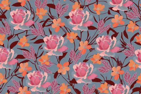 Floral vector seamless pattern. Pink, blue, orange color flowers Illustrazione stock