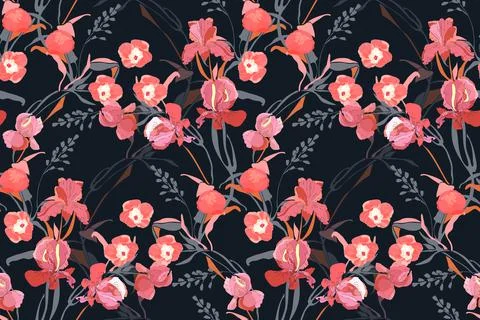 Floral vector seamless pattern. Pink ipomoea, peony, iris flowers. Stock Illustration