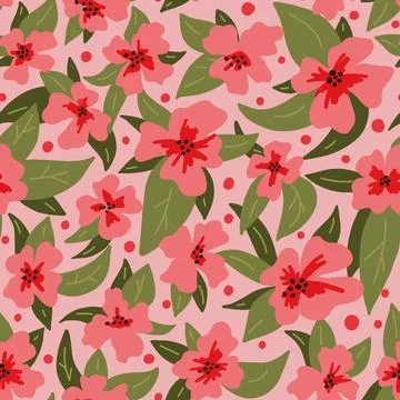 Floral vector seamless pattern. Pink flowers and leaves repeated background Stock Illustration