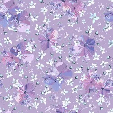 Floral vector seamless pattern with Purple flowers with buds Stock Illustration