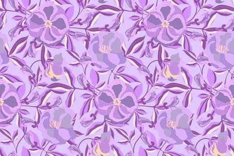 Floral vector seamless pattern. Purple flowers, buds, leaves isolated on a Stock Illustration