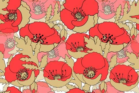 Floral vector seamless pattern with red poppy. Art floral vector seamless ... Stock Photos