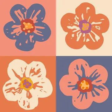 Floral vector seamless pattern. Simple flowers in colorful squares. Block print Stock Illustration