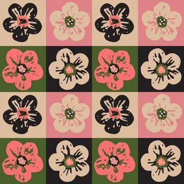 Floral vector seamless pattern. Simple flowers in geometric square shapes. Block Stock Illustration