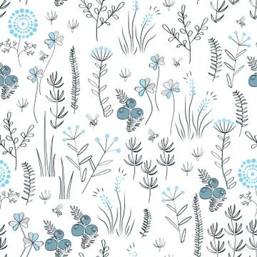 Floral vector seamless pattern with wild herbs, forest flowers and leaves. Vi Stock Illustration