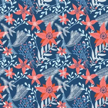 Floral vector seamless pattern with winter foliage in blue and red for Christmas Stock Illustration