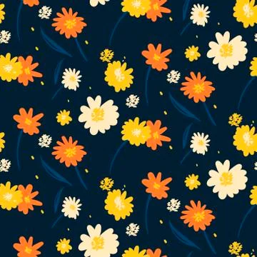 Floral vector seamless pattern. Yellow, white and orange flowers on blue Stock Illustration