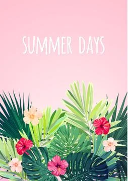 Floral vertical postcard design with hibiscus flowers, monstera and royal palm Stock Illustration