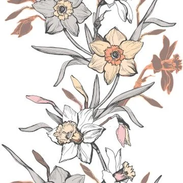 Floral vertical seamless pattern with hand drawn flowers daffodils, narcissus. Stock Illustration