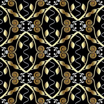 Floral vintage seamless pattern. Vector damask background with gold flowers,  Illustrazione stock