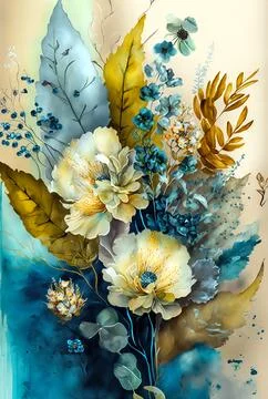 Floral watercolor painted. Still life. Bouquet of flowers and leaves. Stock Illustration