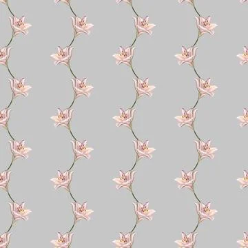 Floral watercolor pattern featuring delicate lilies on a soft gray backgrou.. Stockillustratie