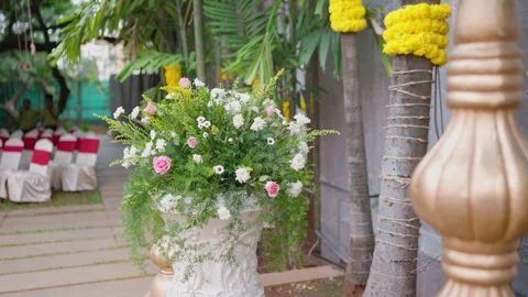 Floral Wedding Decor and Seating at Outdoor Venue in Bengaluru, Karnataka, India Stock Footage 342687273