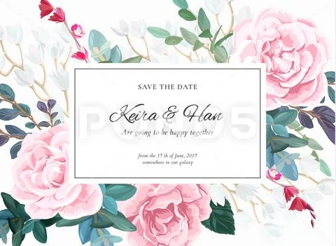 Floral wedding invitation design with pale pink roses on the white background Stock Illustration