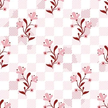 Floral whimsy pattern pink checkered background with flower vines Illustrazione stock