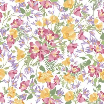 Floral  white seamless pattern. Flower bouquet background. Sprin Stock Illustration